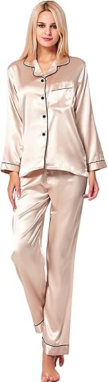SWOMOG Womens Silk Satin Pajamas Set Long Sleeve Button Down Sleepwear 2 Piece Lounge Set Pj Set XS-3XL