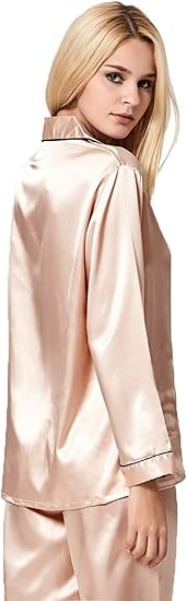 SWOMOG Womens Silk Satin Pajamas Set Long Sleeve Button Down Sleepwear 2 Piece Lounge Set Pj Set XS-3XL