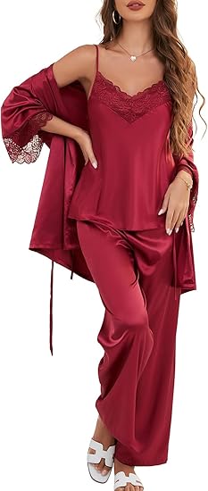 Moreone Women's Silk Satin Pajama Set 3-Piece with Robe, Sexy V-Neck Lace Cami Top and Long Pants, Luxury Soft Sleepwear
