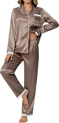 Ekouaer Satin Pajamas for Women Silk Long Sleeve Sleepwear Button Down Loungewear 2 Pieces Lace Soft Pjs Set