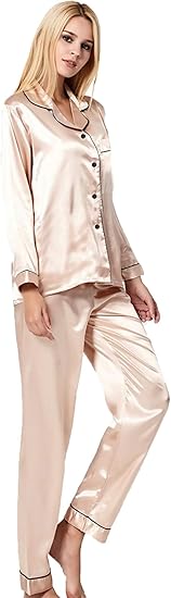 SWOMOG Womens Silk Satin Pajamas Set Long Sleeve Button Down Sleepwear 2 Piece Lounge Set Pj Set XS-3XL