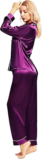 SIHA Satin Silk Pajamas for Women Pajama Set With Long Sleeve Button-Down Satin Pajamas Sleepwear XS-3XL