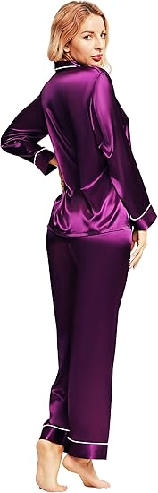 SIHA Satin Silk Pajamas for Women Pajama Set With Long Sleeve Button-Down Satin Pajamas Sleepwear XS-3XL