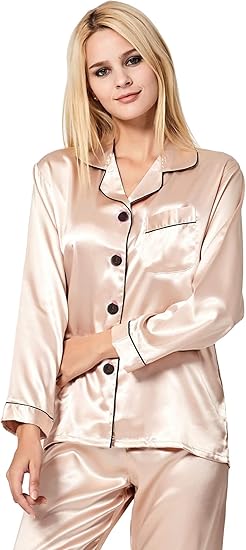 SWOMOG Womens Silk Satin Pajamas Set Long Sleeve Button Down Sleepwear 2 Piece Lounge Set Pj Set XS-3XL