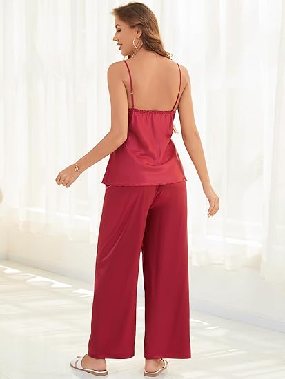 Moreone Women's Silk Satin Pajama Set 3-Piece with Robe, Sexy V-Neck Lace Cami Top and Long Pants, Luxury Soft Sleepwear
