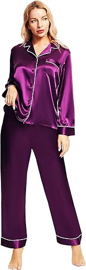 SIHA Satin Silk Pajamas for Women Pajama Set With Long Sleeve Button-Down Satin Pajamas Sleepwear XS-3XL
