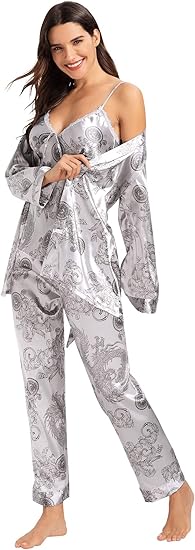 Escalier Women's Silk Satin Pajamas Set 3 Pcs Floral Silky Pj Sets Sleepwear Cami Nightwear with Robe and Pant