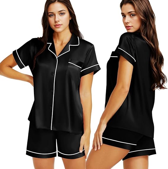 Lonxu Womens Silk Satin Pajamas Set Two-piece Button-Down Pj Sets Sleepwear Loungewear S~3XL