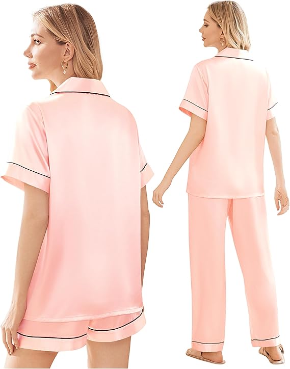 Ekouaer Silk Pajamas for Women Set Satin Pjs Soft Short Sleeve Button Down Sleepwear 3 Piece Loungewear S-3XXL