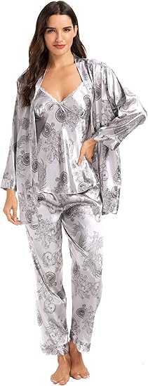 Escalier Women's Silk Satin Pajamas Set 3 Pcs Floral Silky Pj Sets Sleepwear Cami Nightwear with Robe and Pant