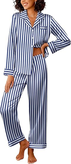 Ekouaer Womens Silk Satin Pajama Sets 2 Piece Sleepwear Pjs Set Long Sleeve Button Down Top and Pants Stripe Loungewear S-3XXL
