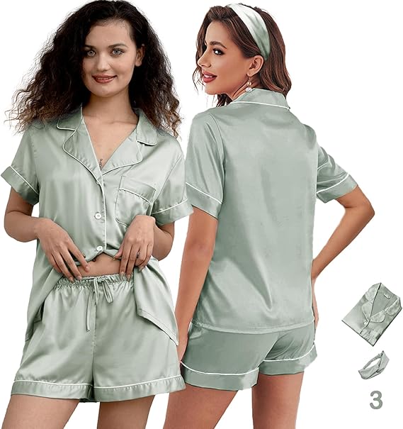 3Pcs Silk Pajamas S-3XL Womens Satin Pajama Short Floral Sleepwear Bride Soft Pj Lounge Sets Pjs Shorts Set