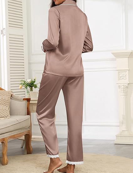 Ekouaer Satin Pajamas for Women Silk Long Sleeve Sleepwear Button Down Loungewear 2 Pieces Lace Soft Pjs Set