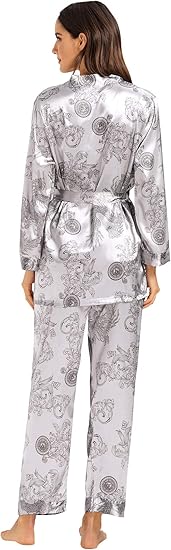 Escalier Women's Silk Satin Pajamas Set 3 Pcs Floral Silky Pj Sets Sleepwear Cami Nightwear with Robe and Pant