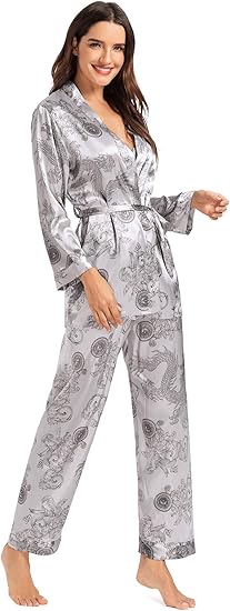Escalier Women's Silk Satin Pajamas Set 3 Pcs Floral Silky Pj Sets Sleepwear Cami Nightwear with Robe and Pant