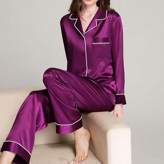 SIHA Satin Silk Pajamas for Women Pajama Set With Long Sleeve Button-Down Satin Pajamas Sleepwear XS-3XL
