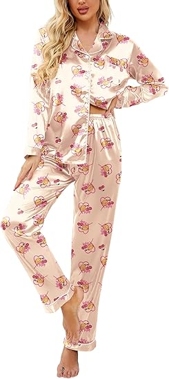 Ekouaer Womens Satin Pajama Set Classic Pattern Silky Pj Sets Button Down Sleepwear Loungewear