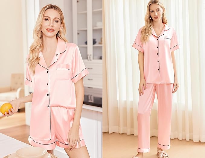 Ekouaer Silk Pajamas for Women Set Satin Pjs Soft Short Sleeve Button Down Sleepwear 3 Piece Loungewear S-3XXL