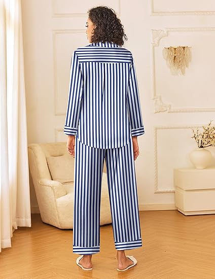 Ekouaer Womens Silk Satin Pajama Sets 2 Piece Sleepwear Pjs Set Long Sleeve Button Down Top and Pants Stripe Loungewear S-3XXL