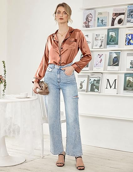 Ekouaer Women Satin Pajamas Set Classic Button Down Long Pjs Set