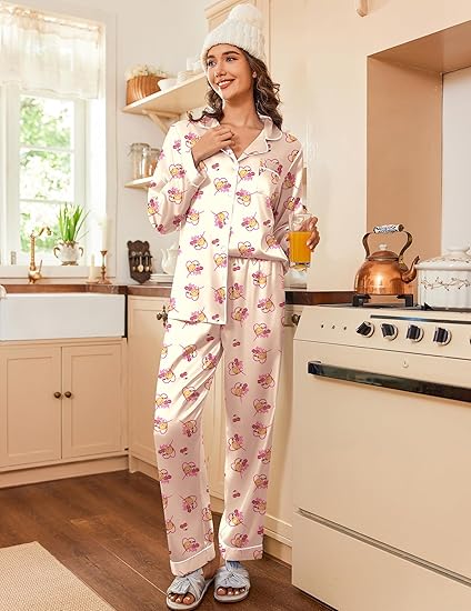 Ekouaer Womens Satin Pajama Set Classic Pattern Silky Pj Sets Button Down Sleepwear Loungewear