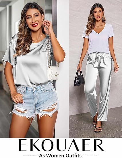 Ekouaer Womens Satin Silky Pajama Set Short Sleeve Shirt with Long Pajama Pant Set Soft PJ Loungewear