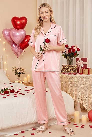 Ekouaer Silk Pajamas for Women Set Satin Pjs Soft Short Sleeve Button Down Sleepwear 3 Piece Loungewear S-3XXL