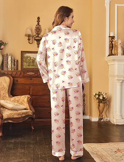 Ekouaer Womens Satin Pajama Set Classic Pattern Silky Pj Sets Button Down Sleepwear Loungewear