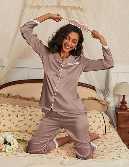 Ekouaer Satin Pajamas for Women Silk Long Sleeve Sleepwear Button Down Loungewear 2 Pieces Lace Soft Pjs Set